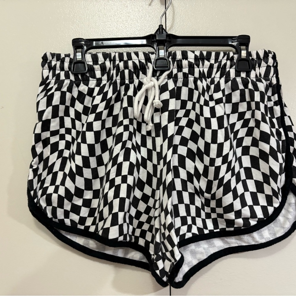 Black and White Athletic Shorts with Checkered Pattern